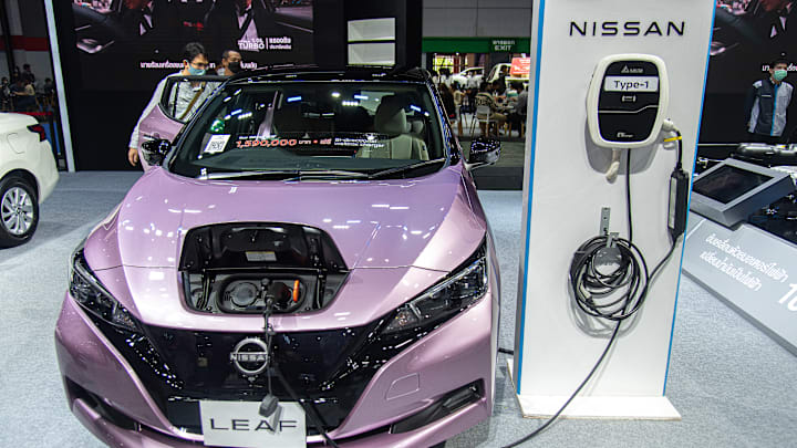 A  Nissan Leaf car seen displayed during the Thailand Big