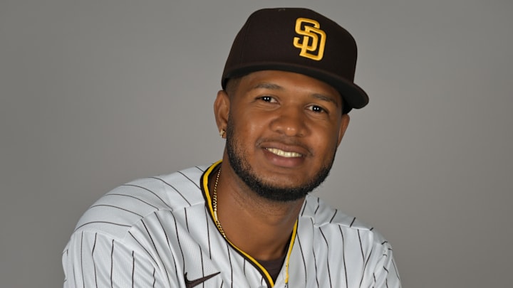 Feb 18, 2026; Peoria, AZ, USA;    San Diego Padres pitcher Daison Acosta (63) during spring training photo day. Mandatory Credit: Jayne Kamin-Oncea-Imagn Images