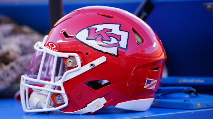 Nov 10, 2024; Kansas City, Missouri, USA; A general view of a Kansas City Chiefs helmet after the win over the Denver Broncos at GEHA Field at Arrowhead Stadium. Mandatory Credit: Denny Medley-Imagn Images