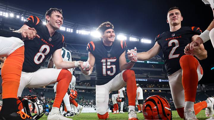 Aug 28, 2026; Philadelphia, Pennsylvania, USA; Cincinnati Bengals punter Ryan Rehkow (8) and wide receiver Charlie Jones (15) and place kicker Evan McPherson (2) kneel together after a win against the Philadelphia Eagles at Lincoln Financial Field. Mandatory Credit: Bill Streicher-Imagn Images Aug 28, 2026; Philadelphia, Pennsylvania, USA; Cincinnati Bengals punter Ryan Rehkow (8) and wide receiver Charlie Jones (15) and place kicker Evan McPherson (2) kneel together after a win against the Philadelphia Eagles at Lincoln Financial Field. Mandatory Credit: Bill Streicher-Imagn Images