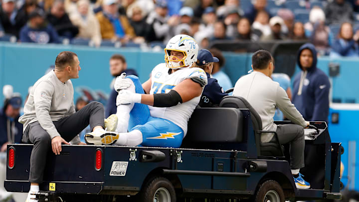 Los Angeles Chargers offensive tackle Joe Alt is carted off the field during a Week 9 matchup with the Tennessee Titans Los Angeles Chargers offensive tackle Joe Alt is carted off the field during a Week 9 matchup with the Tennessee Titans