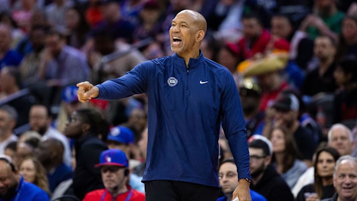 Apr 9, 2024; Philadelphia, Pennsylvania, USA; Detroit Pistons head coach Monty Williams reacts during the third quarter of a game against the Philadelphia 76ers at Wells Fargo Center. Mandatory Credit: Bill Streicher-Imagn Images