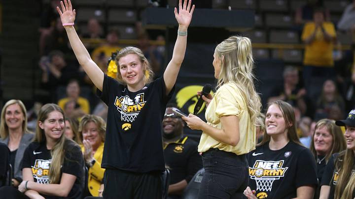 Iowa’s Molly Davis waves to the crowd during a celebration of the Iowa women’s basketball team Wednesday, April 10, 2024 at Carver-Hawkeye Arena in Iowa City, Iowa.