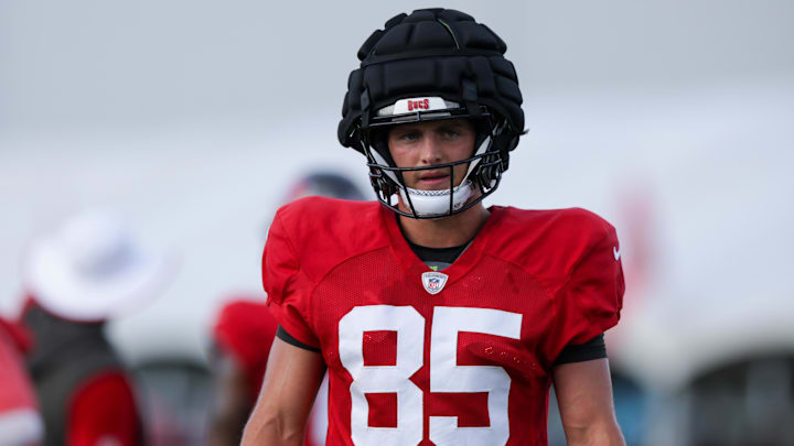 Jul 31, 2025; Tampa, FL, USA; Tampa Bay Buccaneers wide receiver Garrett Greene (85) participates in training camp at AdventHealth Training Center. Mandatory Credit: Nathan Ray Seebeck-Imagn Images