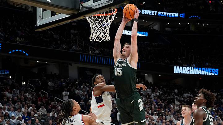 Michigan State center Carson Cooper (15) goes in for the dunk during the second half of the 2026 NCAA Men's Basketball East Regional game against UConn at Capital One Arena in Washington DC on Friday, March 27, 2026.
Michigan State lost the game 67-63. Michigan State center Carson Cooper (15) goes in for the dunk during the second half of the 2026 NCAA Men's Basketball East Regional game against UConn at Capital One Arena in Washington DC on Friday, March 27, 2026.
Michigan State lost the game 67-63.