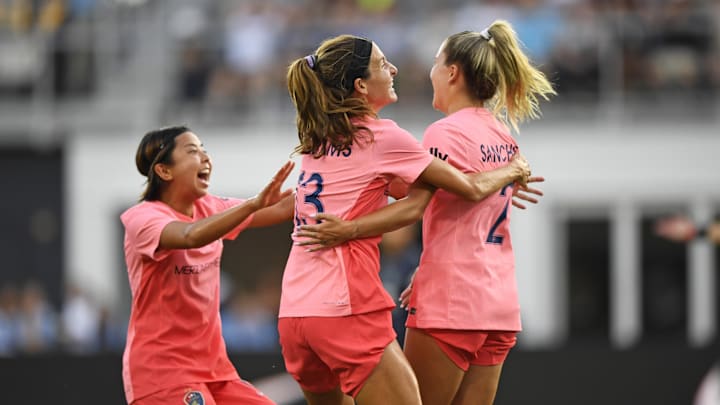 Jun 29, 2024; Washington, District of Columbia, USA; North Carolina Courage forward Ashley Sanchez (2) celebrates after scoring a goal during the first half against the Washington Spirit at Audi Field. Mandatory Credit: Hannah Foslien-USA TODAY Sports