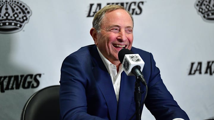 Feb 22, 2025; Los Angeles, California, USA; NHL commissioner Gary Bettman speaks during media availabilities before the Los Angeles Kings play against the Utah Hockey Club at Crypto.com Arena. Mandatory Credit: Gary A. Vasquez-Imagn Images