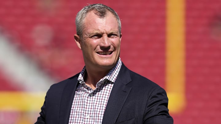 Oct 6, 2024; Santa Clara, California, USA; San Francisco 49ers general manager John Lynch walks on the field before the game against the Arizona Cardinals at Levi's Stadium. Mandatory Credit: Darren Yamashita-Imagn Images