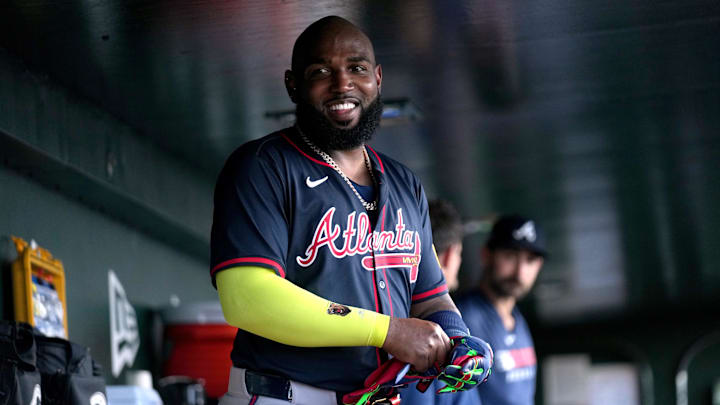 Atlanta Braves designated hitter Marcell Ozuna (20) reacts after the Braves scored a run against the Athletics in the first inning at Sutter Health Park. Atlanta Braves designated hitter Marcell Ozuna (20) reacts after the Braves scored a run against the Athletics in the first inning at Sutter Health Park.