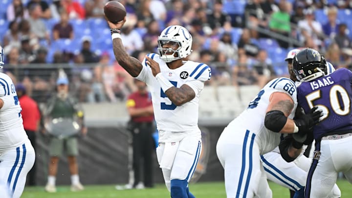 Aug 7, 2025; Baltimore, Maryland, USA; Indianapolis Colts quarterback Anthony Richardson Sr. (5) attempts a pass against the Baltimore Ravens during the first quarter at M&T Bank Stadium. Mandatory Credit: Rafael Suanes-Imagn Images