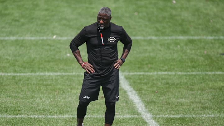 Jun 11, 2025; Florham Park, NY, USA; New York Jets head coach Aaron Glenn looks on during minicamp at Atlantic Health Jets Training Center. Mandatory Credit: John Jones-Imagn Images
