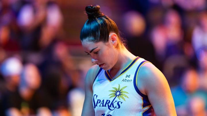 Sep 9, 2025; Phoenix, Arizona, USA; Los Angeles Sparks guard Kelsey Plum (10) against the Phoenix Mercury during a WNBA game at PHX Arena. Mandatory Credit: Mark J. Rebilas-Imagn Images