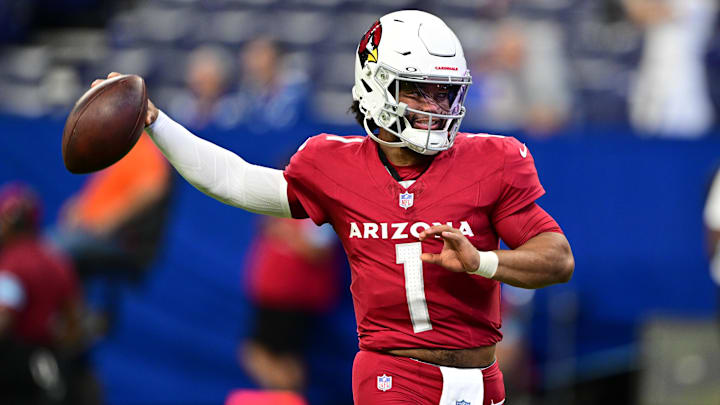 Aug 17, 2024; Indianapolis, Indiana, USA; Arizona Cardinals quarterback Kyler Murray (1) throws a pass to warm up before the game against the Indianapolis Colts at Lucas Oil Stadium. Mandatory Credit: Marc Lebryk-Imagn Images
