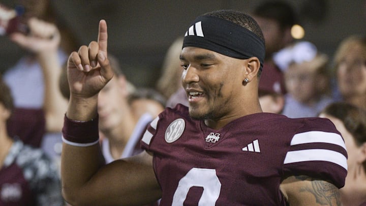 Nov 2, 2024; Starkville, Mississippi, USA; Mississippi State Bulldogs quarterback Michael Van Buren Jr. (0) reacts with fans after a game against the Massachusetts Minutemen at Davis Wade Stadium at Scott Field. Mandatory Credit: Matt Bush-Imagn Images