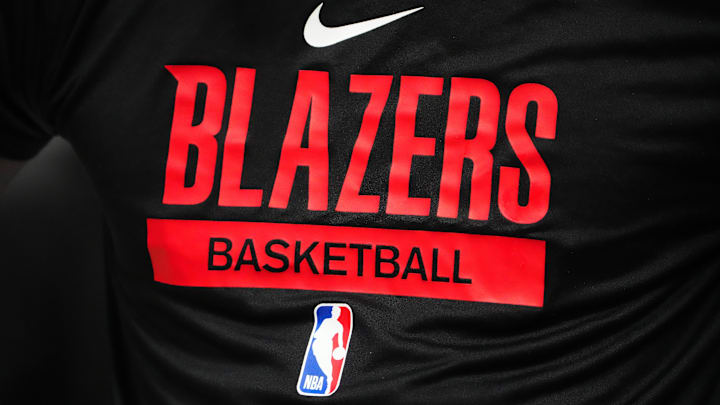 Jan 17, 2023; Denver, Colorado, USA; Detailed view of a Portland Trail Blazers logo warmup jersey before the game against the Denver Nuggets at Ball Arena. Mandatory Credit: Ron Chenoy-Imagn Images