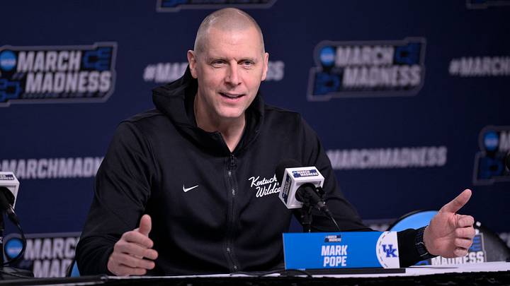 Mar 19, 2026; St. Louis, MO, USA; Kentucky Wildcats head coach Mark Pope speaks during an interview at the practice session ahead of the first round of the men's 2026 NCAA Tournament at Enterprise Center. Mandatory Credit: Jeff Le-Imagn Images