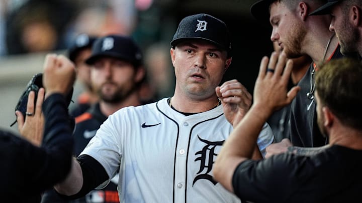 Detroit Tigers pitcher Tarik Skubal high-fives teammates in the dugout after a pitching change during the seventh inning at Comerica Park in Detroit on Wednesday, May 14, 2025.