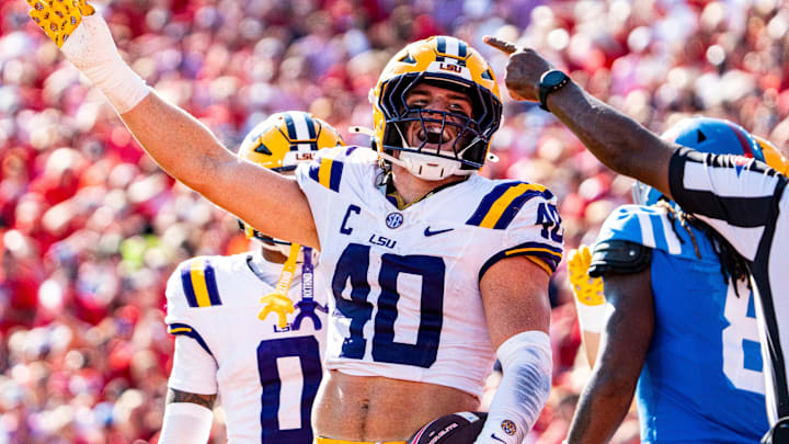 LSU linebacker Whit Weeks (40) gestures toward the crowd after a turnover during a college football game between Ole Miss and LSU at Vaught-Hemingway Stadium in Oxford, Miss., on Saturday, Sept. 27, 2025. LSU linebacker Whit Weeks (40) gestures toward the crowd after a turnover during a college football game between Ole Miss and LSU at Vaught-Hemingway Stadium in Oxford, Miss., on Saturday, Sept. 27, 2025.