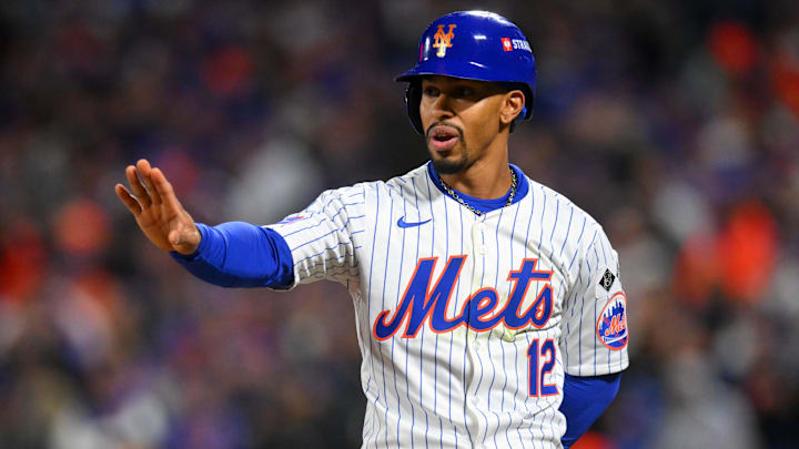 Oct 17, 2024; New York City, New York, USA; New York Mets shortstop Francisco Lindor (12) reacts against the Los Angeles Dodgers in the third inning during game four of the NLCS for the 2024 MLB playoffs at Citi Field. Mandatory Credit: John Jones-Imagn Images