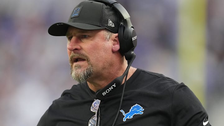 Dec 14, 2025; Inglewood, California, USA; Detroit Lions head coach Dan Campbell is seen during the second quarter against the Los Angeles Rams at SoFi Stadium. Mandatory Credit: Kirby Lee-Imagn Images