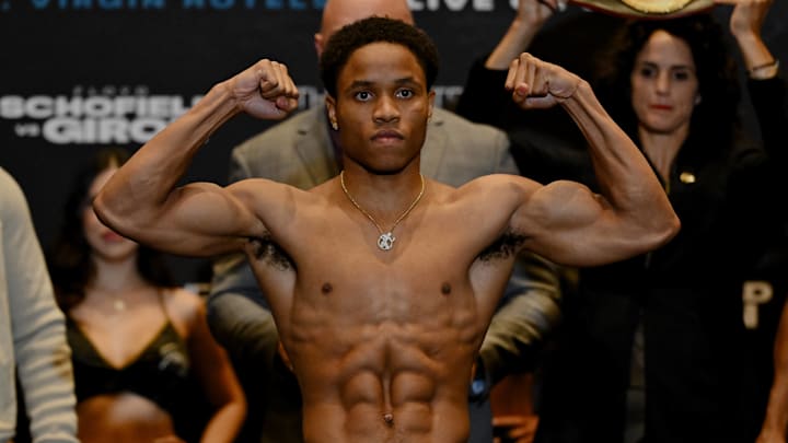 FLOYD SCHOFIELD (17-0-12KOs) of Austin, TX (C) weigh-ins on October 31, 2024.