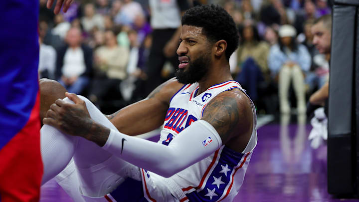 Jan 1, 2025; Sacramento, California, USA; Philadelphia 76ers forward Paul George (8) reacts after a play during the second quarter against the Sacramento Kings at Golden 1 Center. Mandatory Credit: Sergio Estrada-Imagn Images