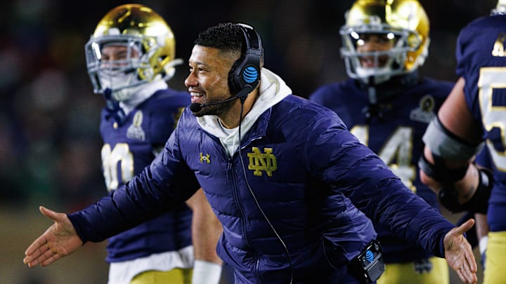 Notre Dame head coach Marcus Freeman celebrates a touchdown scored during the first round of the College Football Playoff between Notre Dame and Indiana at Notre Dame Stadium on Friday, Dec. 20, 2024, in South Bend. Notre Dame head coach Marcus Freeman celebrates a touchdown scored during the first round of the College Football Playoff between Notre Dame and Indiana at Notre Dame Stadium on Friday, Dec. 20, 2024, in South Bend.
