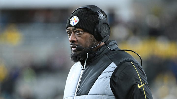 Jan 4, 2025; Pittsburgh, Pennsylvania, USA; Pittsburgh Steelers head coach Mike Tomlin looks on during the second quarter against the Cincinnati Bengals at Acrisure Stadium. Mandatory Credit: Barry Reeger-Imagn Images