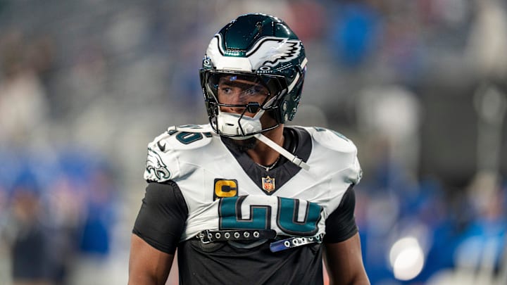 Philadelphia Eagles running back Saquon Barkley (26) warms up during a Thursday Night Football game between the New York Giants and the Philadelphia Eagles at MetLife Stadium in East Rutherford on Oct. 9, 2025. Philadelphia Eagles running back Saquon Barkley (26) warms up during a Thursday Night Football game between the New York Giants and the Philadelphia Eagles at MetLife Stadium in East Rutherford on Oct. 9, 2025.