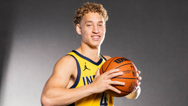 Indiana Pacers guard Taelon Peter (4) poses for a photo during media day.