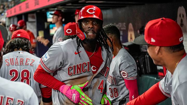 Sep 22, 2026; Cumberland, Georgia, USA; Cincinnati Reds shortstop Elly De La Cruz (44) reacts after hitting a home run against the Atlanta Braves during the third inning at Truist Park. Mandatory Credit: Dale Zanine-Imagn Images Sep 22, 2026; Cumberland, Georgia, USA; Cincinnati Reds shortstop Elly De La Cruz (44) reacts after hitting a home run against the Atlanta Braves during the third inning at Truist Park. Mandatory Credit: Dale Zanine-Imagn Images