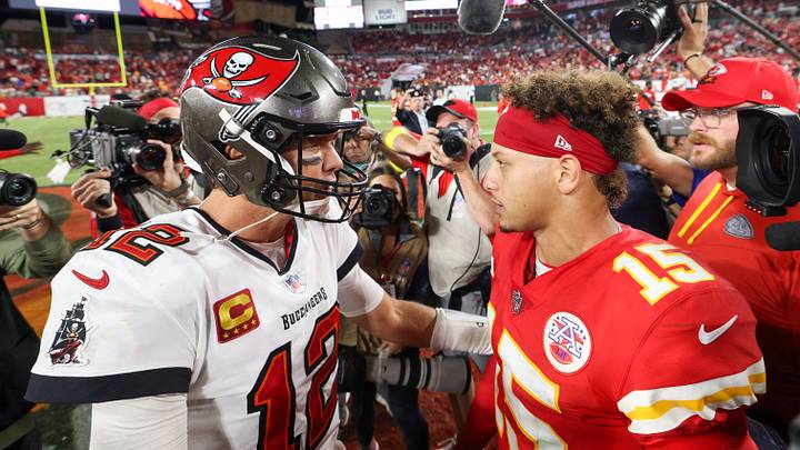 Oct 2, 2022; Tampa, Florida, USA; Tampa Bay Buccaneers quarterback Tom Brady (12) greets Kansas City Chiefs quarterback Patrick Mahomes (15) after a game at Raymond James Stadium. Mandatory Credit: Nathan Ray Seebeck-USA TODAY Sports Oct 2, 2022; Tampa, Florida, USA; Tampa Bay Buccaneers quarterback Tom Brady (12) greets Kansas City Chiefs quarterback Patrick Mahomes (15) after a game at Raymond James Stadium. Mandatory Credit: Nathan Ray Seebeck-USA TODAY Sports