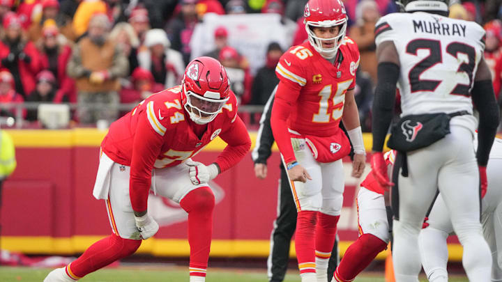 Jan 18, 2025; Kansas City, Missouri, USA; Kansas City Chiefs offensive tackle Jawaan Taylor (74) at the line of scrimmage against the Houston Texans during the first half of a 2025 AFC divisional round game at GEHA Field at Arrowhead Stadium. Mandatory Credit: Denny Medley-Imagn Images
