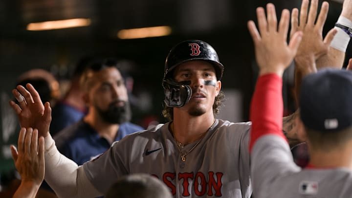 Sep 8, 2025; West Sacramento, California, USA; Boston Red Sox outfielder Jarren Duran (16) celebrates with team mates after scoring against the Athletics during the fifth inning at Sutter Health Park. Mandatory Credit: Ed Szczepanski-Imagn Images