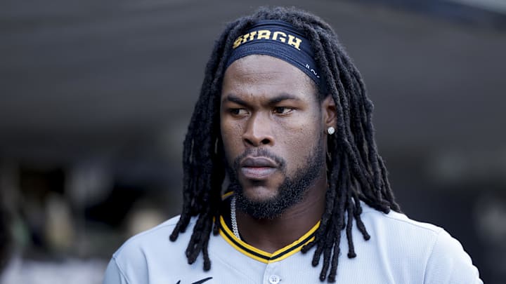 Jun 17, 2025; Detroit, Michigan, USA;  Pittsburgh Pirates outfielder Oneil Cruz (15) in the dugout before the game against the Detroit Tigers at Comerica Park. Mandatory Credit: Rick Osentoski-Imagn Images