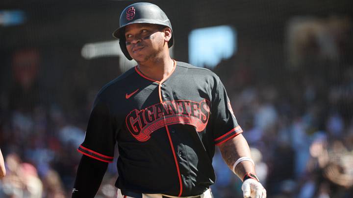 San Francisco Giants infielder Rafael Devers (16) reacts after scoring a run on an RBI single. Credit: Robert Edwards-Imagn Images San Francisco Giants infielder Rafael Devers (16) reacts after scoring a run on an RBI single. Credit: Robert Edwards-Imagn Images