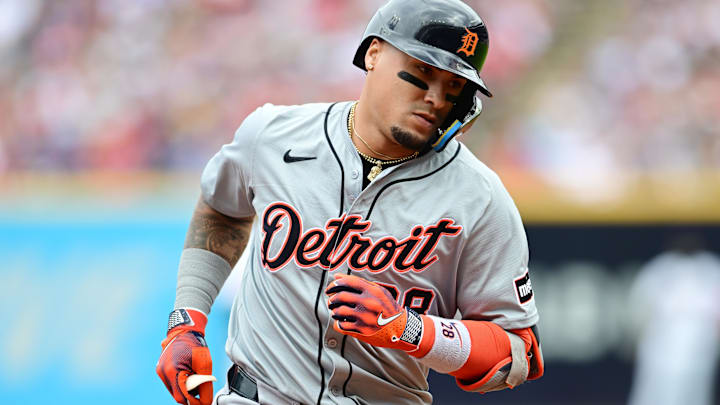 Javier Baez (28) rounds the bases after hitting a home run for the Detroit Tigers against the Cleveland Guardians at Progressive Field. 