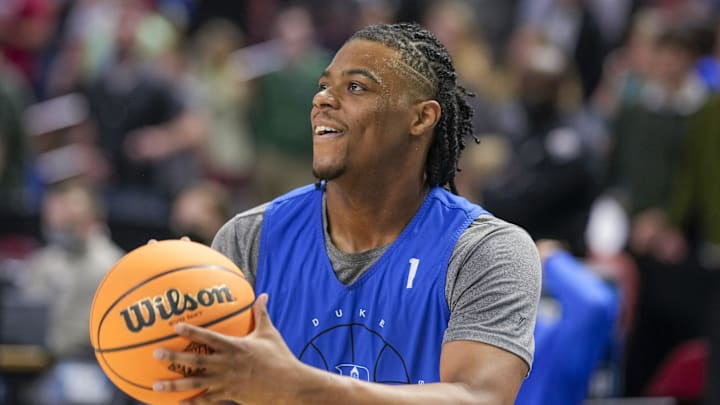 Mar 17, 2022; Greenville, SC, USA; Duke Blue Devils guard Trevor Keels (1) during practice before the first round of the 2022 NCAA Tournament at Bon Secours Wellness Arena. Mandatory Credit: Jim Dedmon-Imagn Images