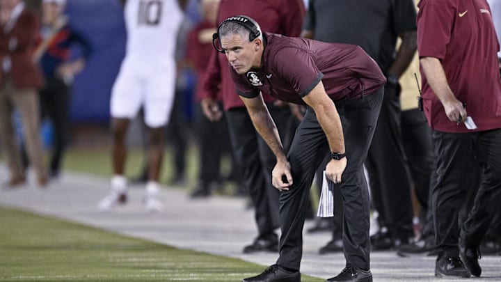 Sep 28, 2024; Dallas, Texas, USA; Florida State Seminoles head coach Mike Norvell looks on during the second quarter against the Southern Methodist Mustangs at Gerald J. Ford Stadium. Mandatory Credit: Jerome Miron-Imagn Images