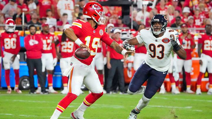 Former Kansas City Chiefs quarterback Chris Oladokun and Chicago Bears defensive end Xavier Carlton. Former Kansas City Chiefs quarterback Chris Oladokun and Chicago Bears defensive end Xavier Carlton.