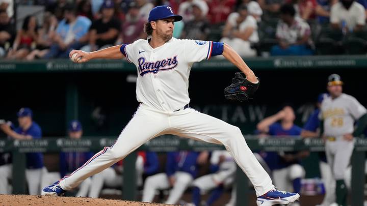 Aug 31, 2026; Arlington, Texas, USA; Texas Rangers pitcher Jacob deGrom (48) throws to the plate against the Athletics during the seventh inning at Globe Life Field. Mandatory Credit: Raymond Carlin III-Imagn Images Aug 31, 2026; Arlington, Texas, USA; Texas Rangers pitcher Jacob deGrom (48) throws to the plate against the Athletics during the seventh inning at Globe Life Field. Mandatory Credit: Raymond Carlin III-Imagn Images