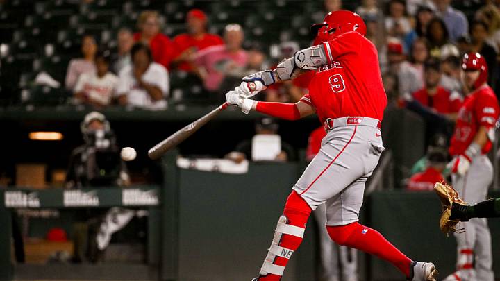 Sep 22, 2026; West Sacramento, California, USA;  Los Angeles Angels shortstop Zach Neto (9) hits a single against the Athletics during the second inning at Sutter Health Park.  Mandatory Credit: Ed Szczepanski-Imagn Images