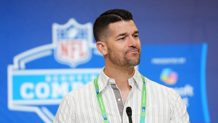 Carolina Panthers coach Dave Canales speaks at the NFL Scouting Combine