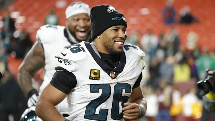 Dec 20, 2025; Landover, Maryland, USA; Philadelphia Eagles running back Saquon Barkley (26) runs off the field after the game against the Washington Commanders at Northwest Stadium. Mandatory Credit: Amber Searls-Imagn Images
