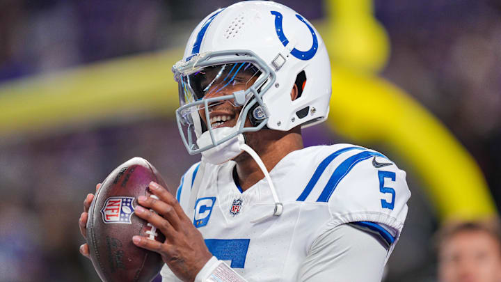 Nov 3, 2024; Minneapolis, Minnesota, USA; Indianapolis Colts quarterback Anthony Richardson (5) warms up before the game against the Minnesota Vikings at U.S. Bank Stadium. Mandatory Credit: Brad Rempel-Imagn Images