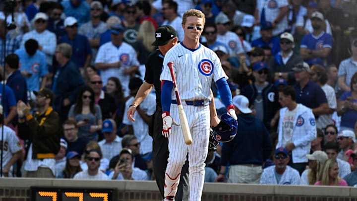 Oct 1, 2025; Chicago, Illinois, USA; Chicago Cubs center fielder Pete Crow-Armstrong (4) flips his bat after striking out during the second inning against the San Diego Padres during game two of the Wildcard round for the 2025 MLB playoffs at Wrigley Field. Mandatory Credit: Matt Marton-Imagn Images Oct 1, 2025; Chicago, Illinois, USA; Chicago Cubs center fielder Pete Crow-Armstrong (4) flips his bat after striking out during the second inning against the San Diego Padres during game two of the Wildcard round for the 2025 MLB playoffs at Wrigley Field. Mandatory Credit: Matt Marton-Imagn Images