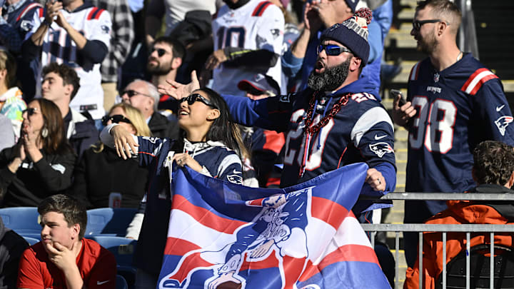 Nov 2, 2025; Foxborough, Massachusetts, USA; New England Patriots fans cheer during the first half of the game against the Atlanta Falcons at Gillette Stadium. Mandatory Credit: Eric Canha-Imagn Images