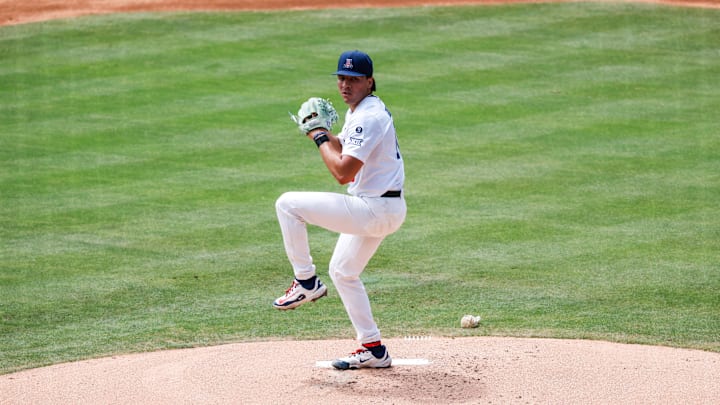 Jun 7, 2025; Chapel Hill, NC, USA;  Arizona pitcher Raul Garayzar (10) pitches the ball during the first inning of the Super Regionals game against North Carolina in Chapel Hill, North Carolina. Mandatory Credit: Jaylynn Nash-Imagn Images