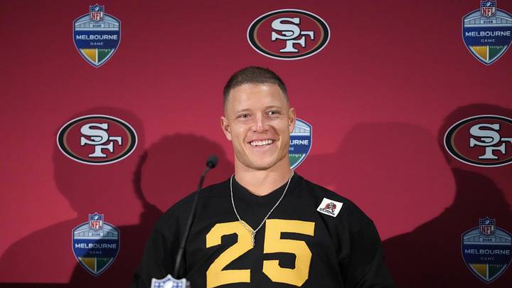 Sep 11, 2026; Melbourne, Victoria, Australia; San Francisco 49ers running back Christian McCaffrey (23) at press conference after the 2026 NFL Melbourne Game against the Los Angeles Rams at Melbourne Cricket Ground. Mandatory Credit: Kirby Lee-Imagn Images Sep 11, 2026; Melbourne, Victoria, Australia; San Francisco 49ers running back Christian McCaffrey (23) at press conference after the 2026 NFL Melbourne Game against the Los Angeles Rams at Melbourne Cricket Ground. Mandatory Credit: Kirby Lee-Imagn Images