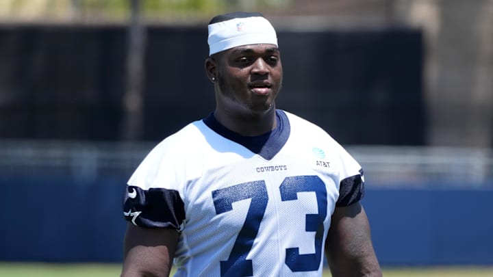 Jul 29, 2023; Oxnard, CA, USA; Dallas Cowboys offensive tackle Tyler Smith (73) during training camp